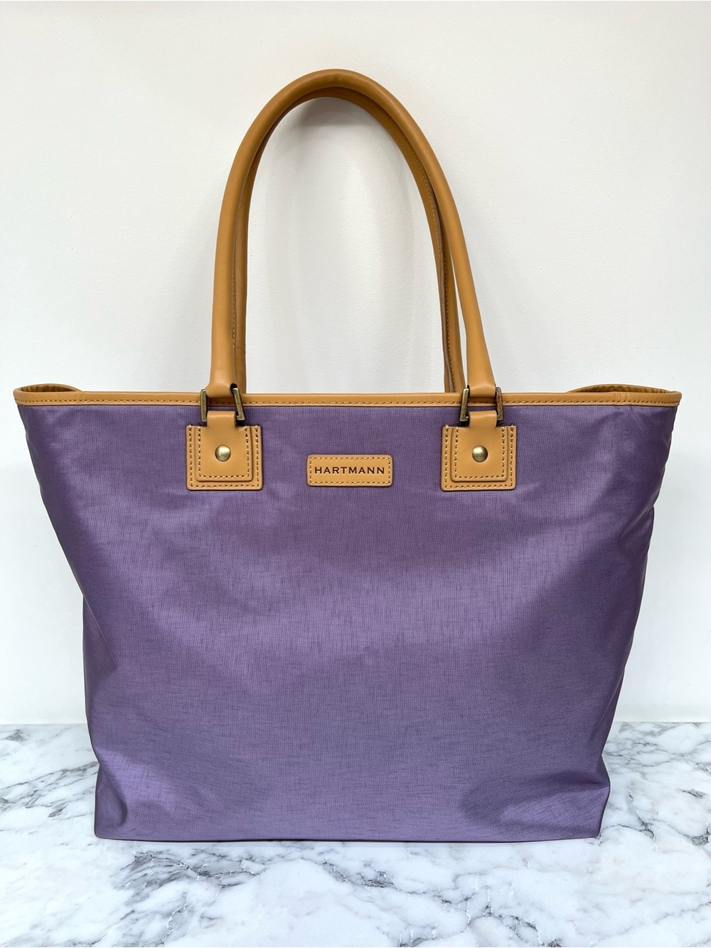 Hartmann purple nylon tote bag leather handles trim travel work bag